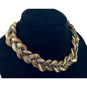 Vintage Inspired Cloe & Isabel Braided Two Tone Chain Choker Necklace, Gold Grey